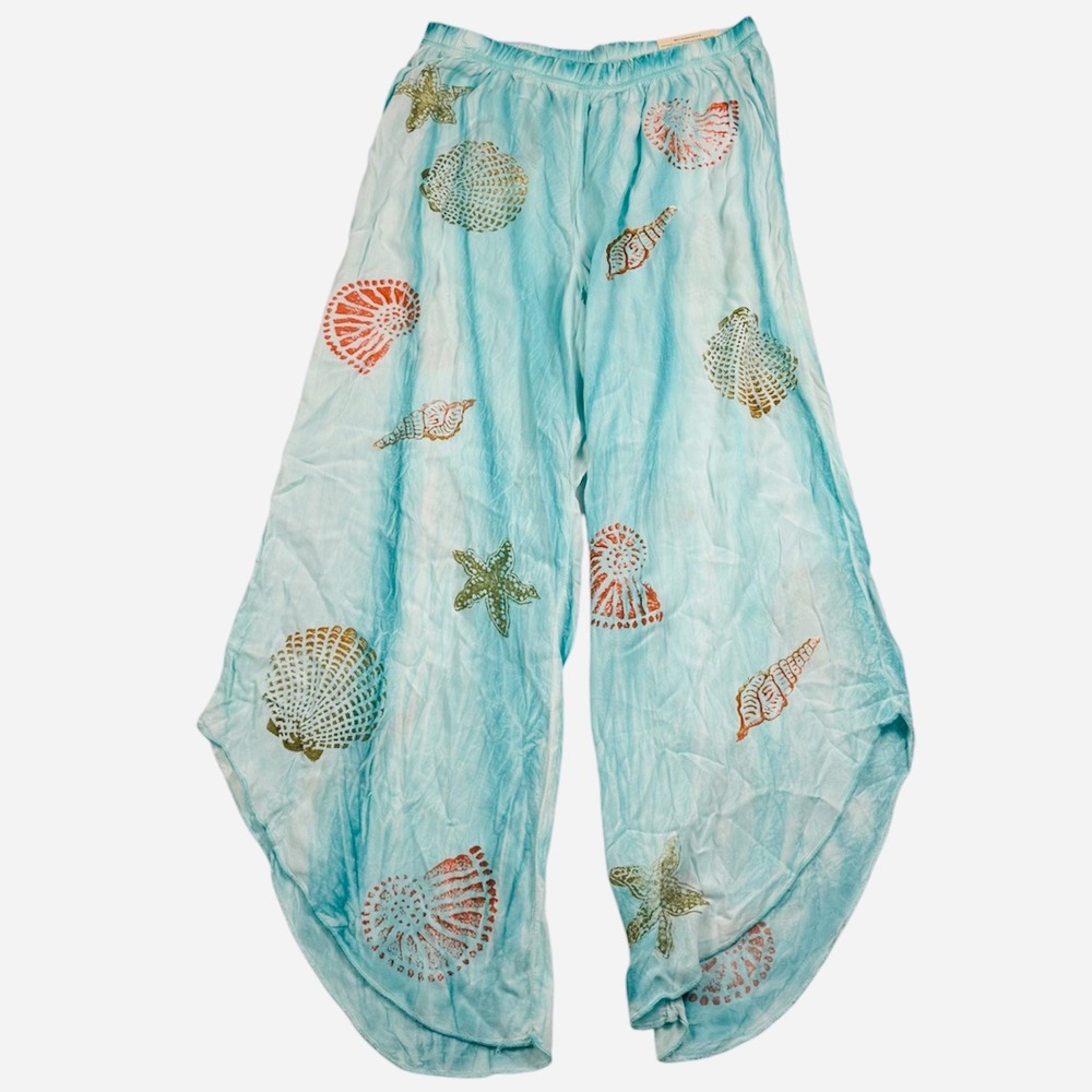 Soft Surroundings Wide Leg Pants Womens‎ XL Blue Seashell Coastal Flowy New
